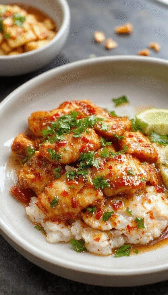 A plate of Zesty Asian Sweet Chili Chicken garnished with sesame seeds and sliced green onions, served alongside steamed vegetables and rice.