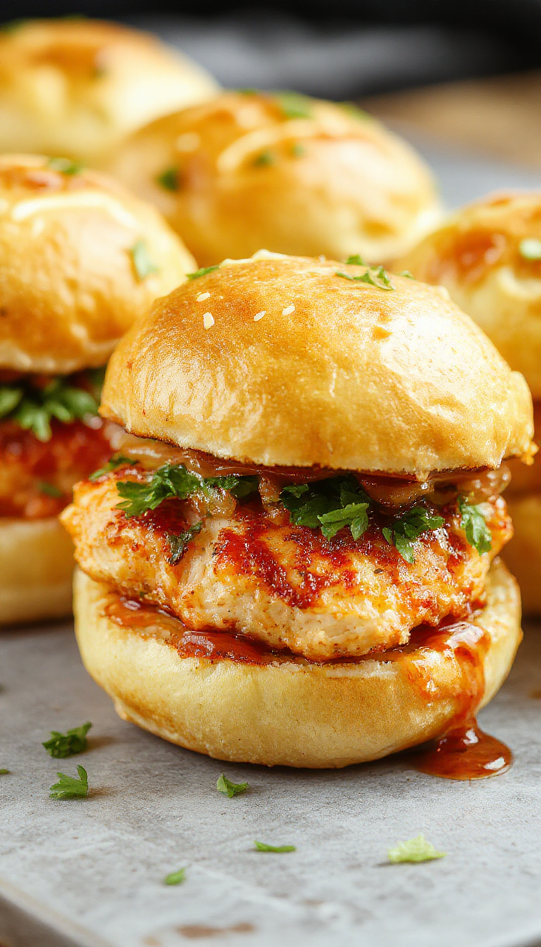 A plate of Zesty Kick Chicken Sliders garnished with fresh herbs and colorful veggies, showcasing their juicy and flavorful filling.