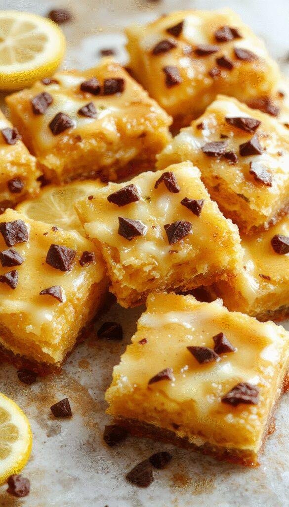 A close-up of zesty lemon bars with vibrant yellow lemon glaze drizzled over a golden shortbread crust, garnished with lemon slices and fresh mint.