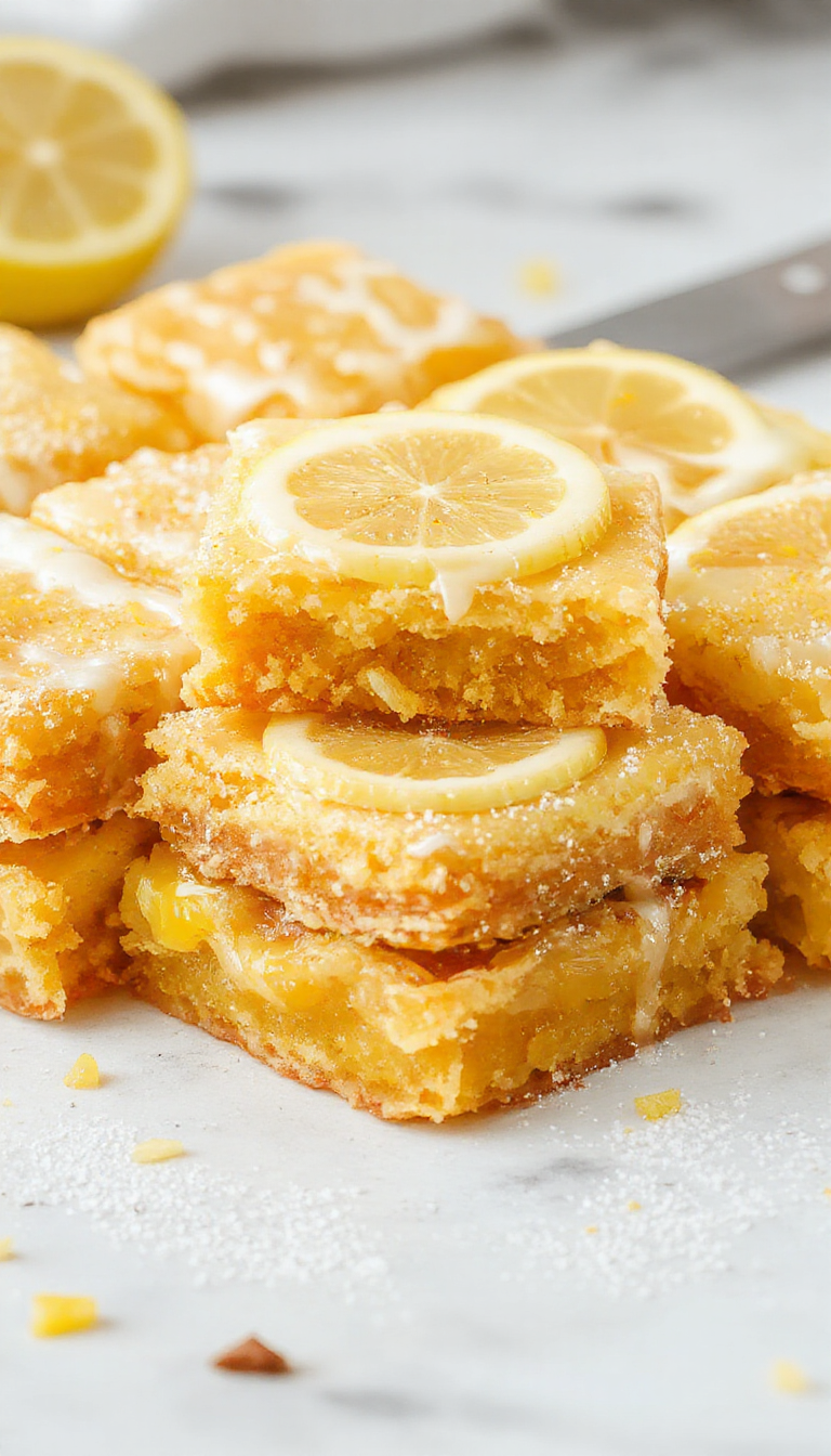 A close-up of freshly baked Zesty Lemon Bars with a golden crust and vibrant lemon filling, garnished with powdered sugar and lemon zest.
