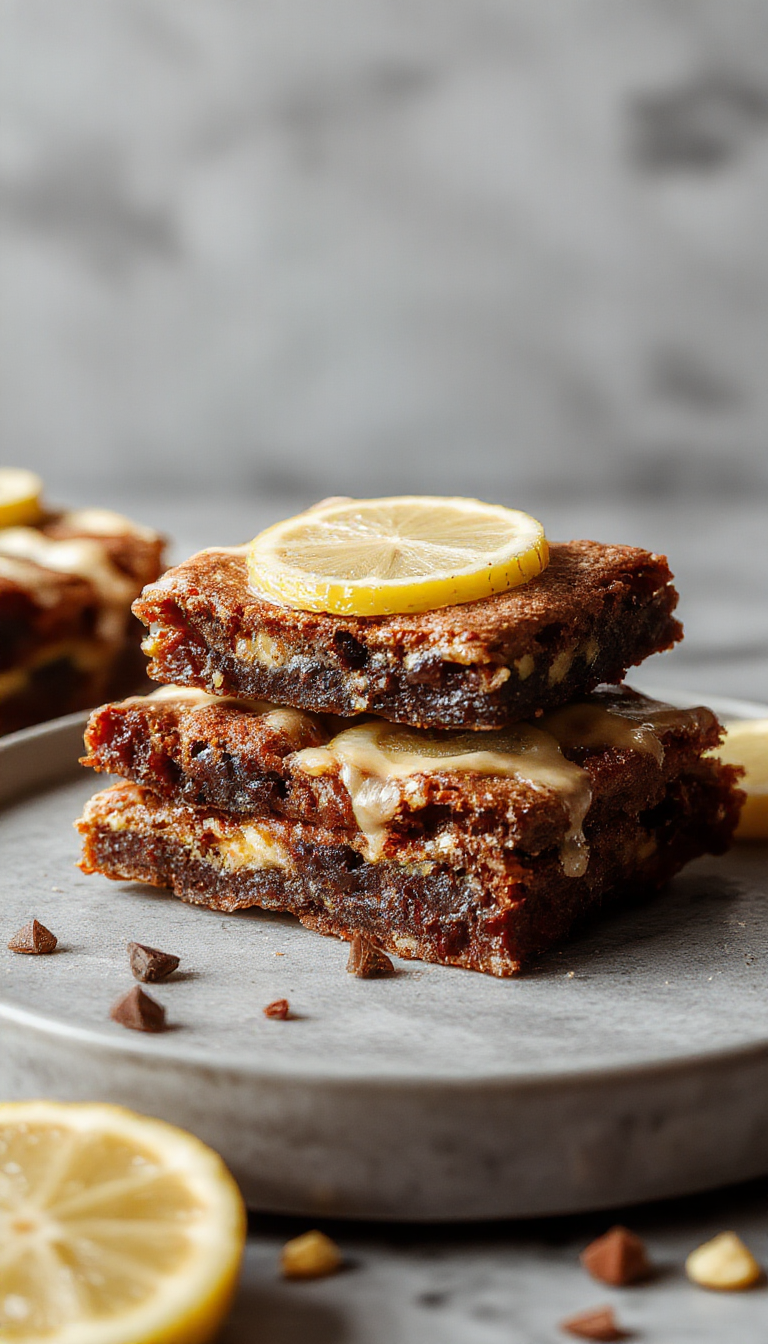 A close-up of zesty lemon brownies with a golden crust, topped with fresh lemon zest and powdered sugar, artistically arranged on a white plate.