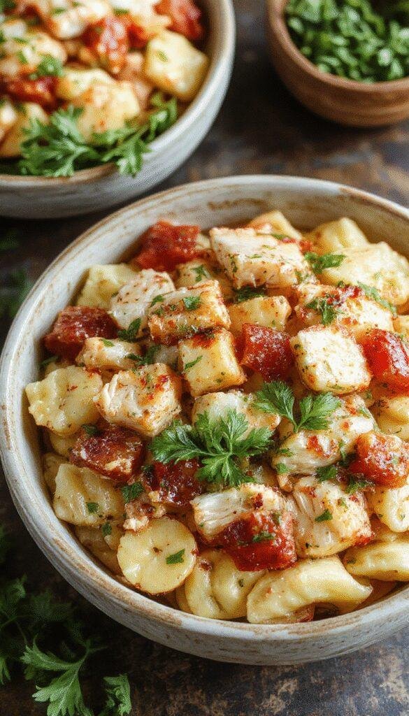 A vibrant bowl of Zesty Mediterranean Chicken Pasta Salad with colorful vegetables, grilled chicken, and fresh herbs garnished on top.