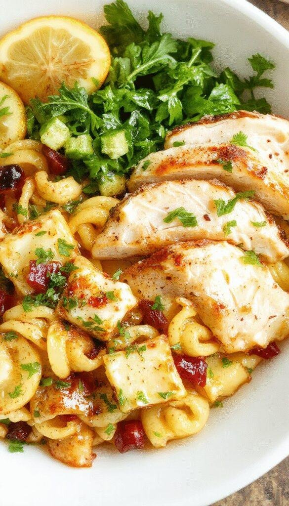 A vibrant bowl of Zesty Mediterranean Chicken Pasta Salad with colorful vegetables, grilled chicken slices, and herbs garnished on top.