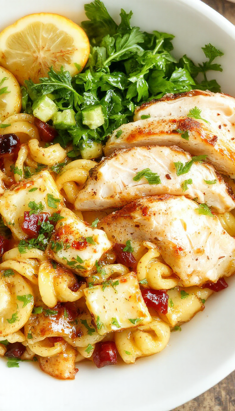 A vibrant bowl of Zesty Mediterranean Chicken Pasta Salad with colorful vegetables, grilled chicken slices, and herbs garnished on top.