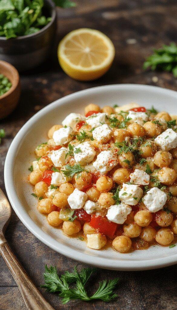 Colorful Mediterranean chickpea and feta salad served in a bowl, garnished with fresh herbs and lemon wedges, highlighting vibrant ingredients.