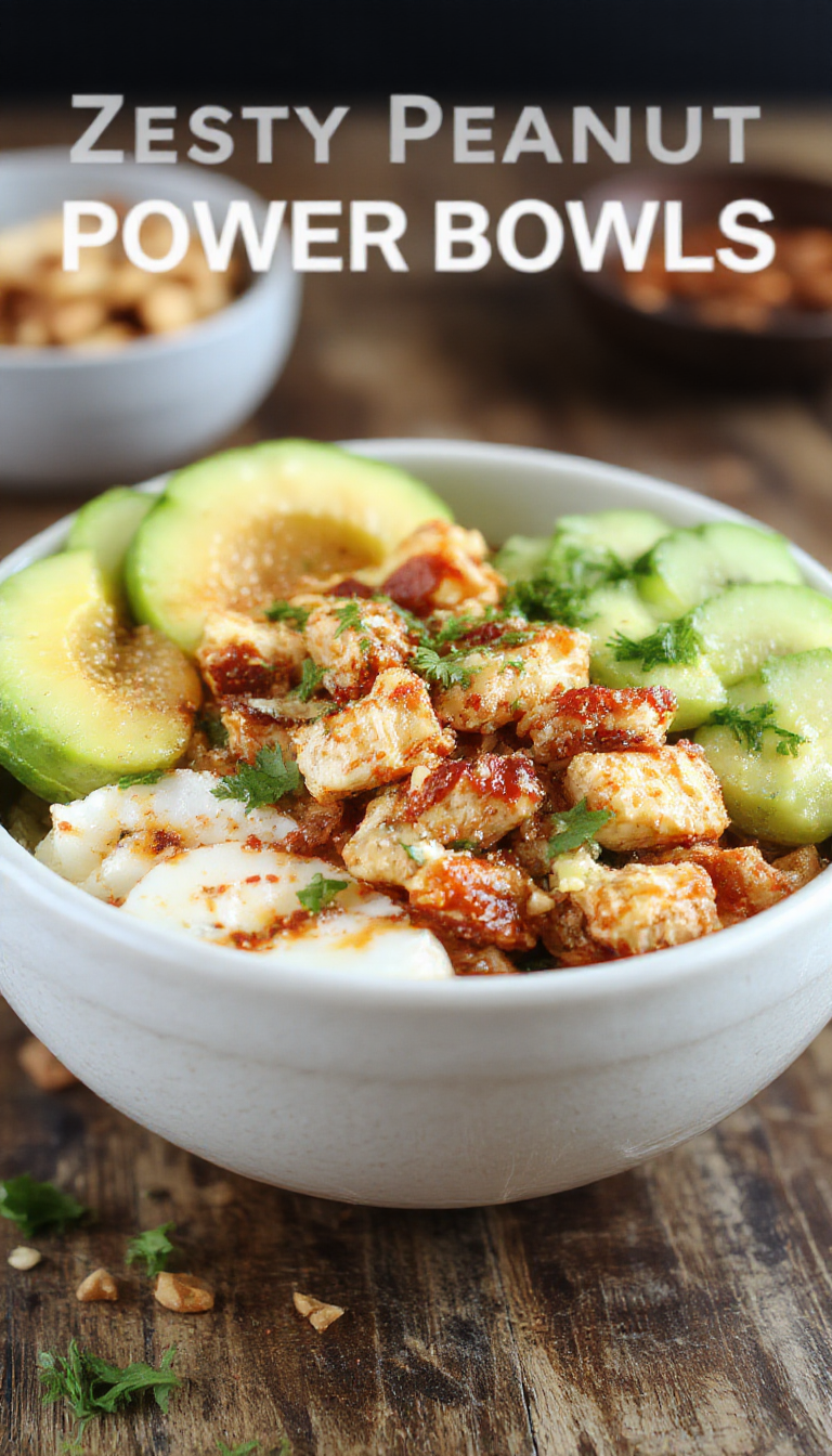 A vibrant Zesty Peanut Chicken Power Bowl featuring grilled chicken, fresh vegetables, and crunchy toppings, drizzled with peanut sauce.
