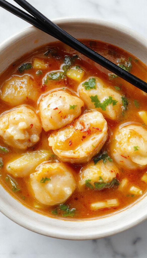 A vibrant bowl of Asian Dumpling Potsticker Soup featuring golden-brown, crispy-bottomed potstickers floating in a clear, aromatic broth. Garnished with chopped scallions and sesame seeds, the colorful soup is served in a white ceramic bowl on a wooden table with chopsticks and a spoon, emphasizing the textures and inviting warmth.