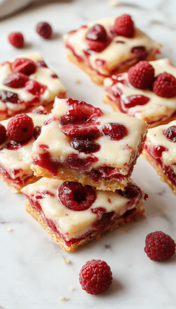 A close-up of golden-brown blueberry cream cheese bars with a layer of vibrant blueberry topping, garnished with fresh blueberries and a dusting of powdered sugar, plated on a rustic wooden table with a fork beside them.