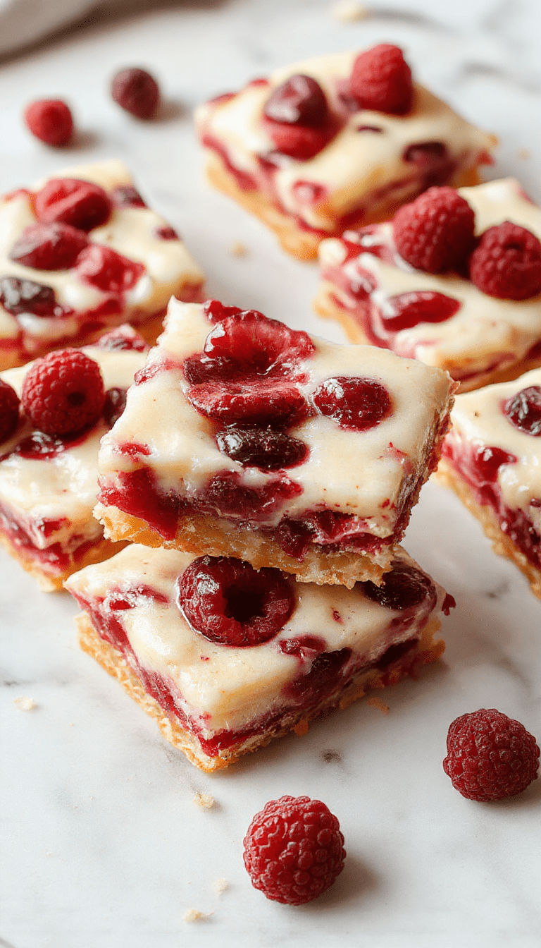 A close-up of golden-brown blueberry cream cheese bars with a layer of vibrant blueberry topping, garnished with fresh blueberries and a dusting of powdered sugar, plated on a rustic wooden table with a fork beside them.