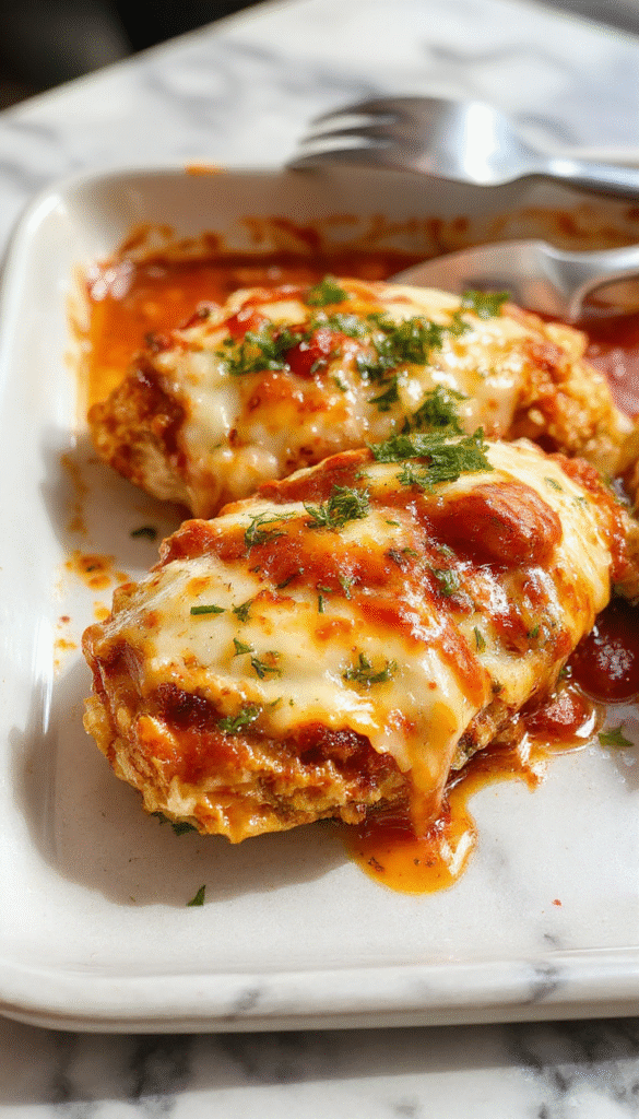 A golden-brown baked chicken parmesan breast topped with melted marinara sauce and melted mozzarella cheese, served on a rustic plate garnished with fresh basil, with a side of spaghetti and a sprinkle of grated parmesan, vibrant red sauce contrasting with the crispy chicken and gooey cheese, styled for a cozy dinner setting.