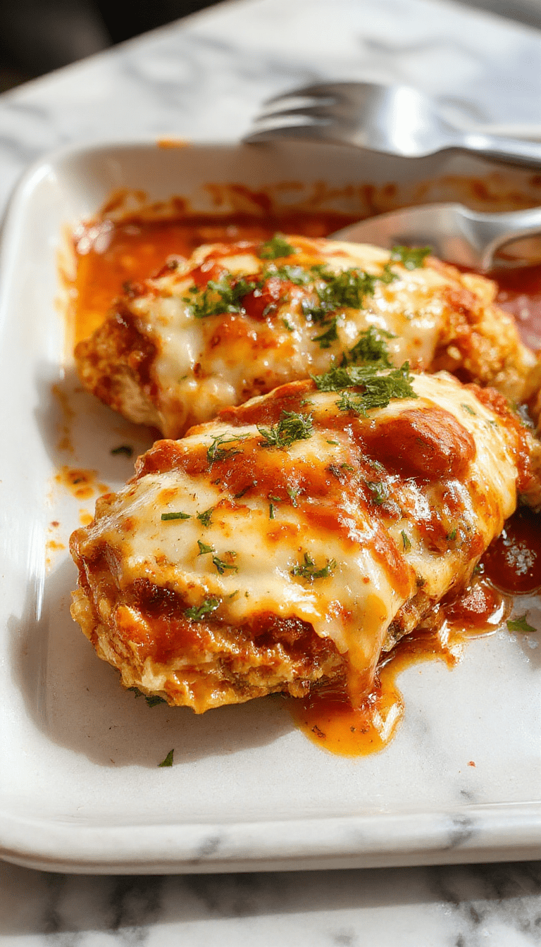 A golden-brown baked chicken parmesan breast topped with melted marinara sauce and melted mozzarella cheese, served on a rustic plate garnished with fresh basil, with a side of spaghetti and a sprinkle of grated parmesan, vibrant red sauce contrasting with the crispy chicken and gooey cheese, styled for a cozy dinner setting.