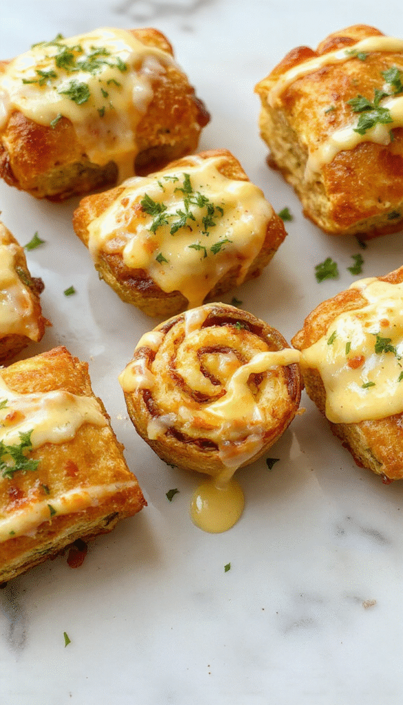 Colorful cheeseburger rollups with golden melted cheese and fragrant garlic butter, arranged neatly on a rustic wooden platter with fresh herbs and sesame seeds, showcasing crispy edges and luscious fillings.