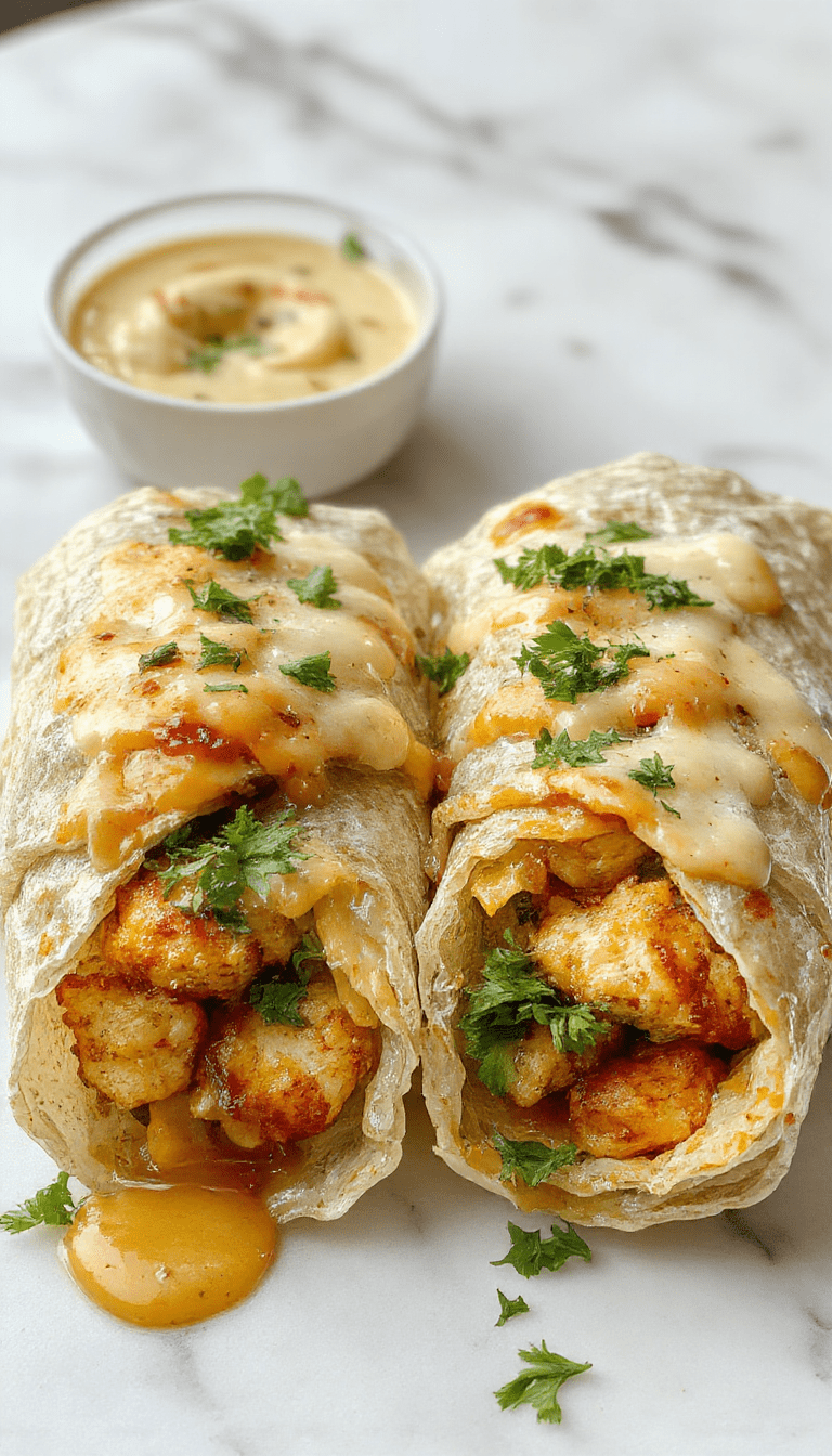 A vibrant plate featuring golden-brown chicken wraps oozing with melted cheese and topped with fresh chopped herbs. The wraps are sliced open to reveal gooey cheese, juicy chicken, and crispy garlic bits, arranged on a rustic wooden surface with sprigs of parsley and garlic cloves adding freshness and flavor hints.