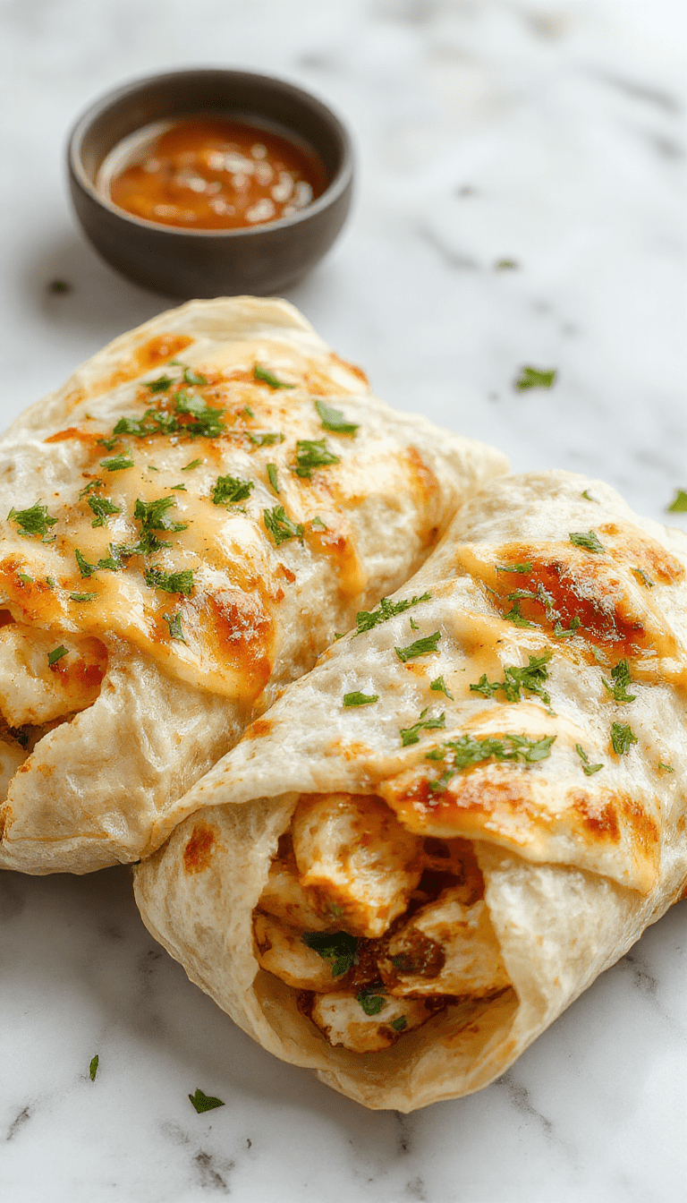 A close-up of golden-brown chicken wraps filled with melted cheese and fresh herbs, sliced diagonally to reveal gooey cheese and tender chicken, arranged on a rustic white platter with chopped parsley garnish, with a side of creamy dipping sauce and a soft napkin.
