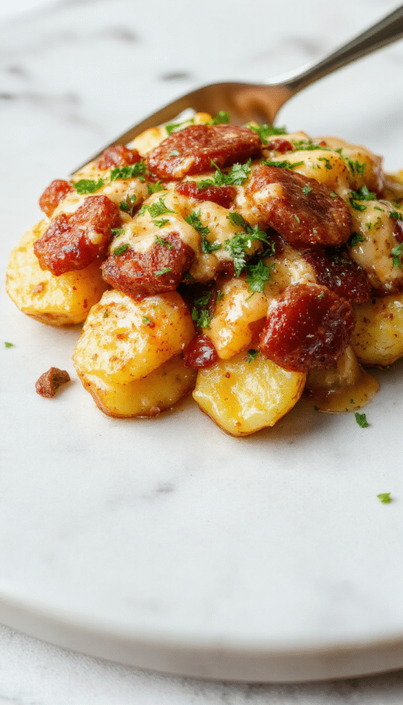 A vibrant plate featuring golden roasted potatoes topped with melted cheese and fresh green herbs, beside slices of smoky sausage, all on a rustic wooden table