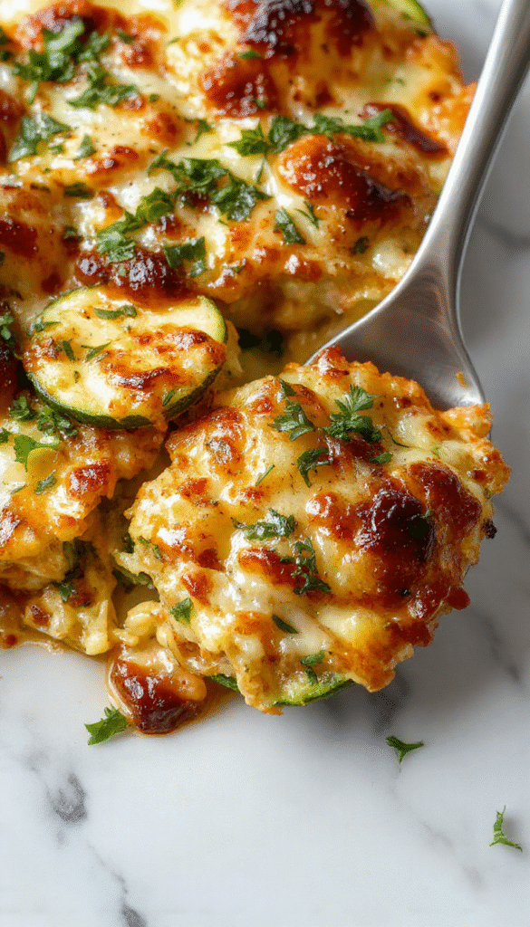 Colorful zucchini slices layered with melted cheese and tomato sauce in a casserole dish, topped with fresh basil and drizzled with olive oil, showcasing a cheesy, savory baked dish with golden edges and vibrant green and red hues.