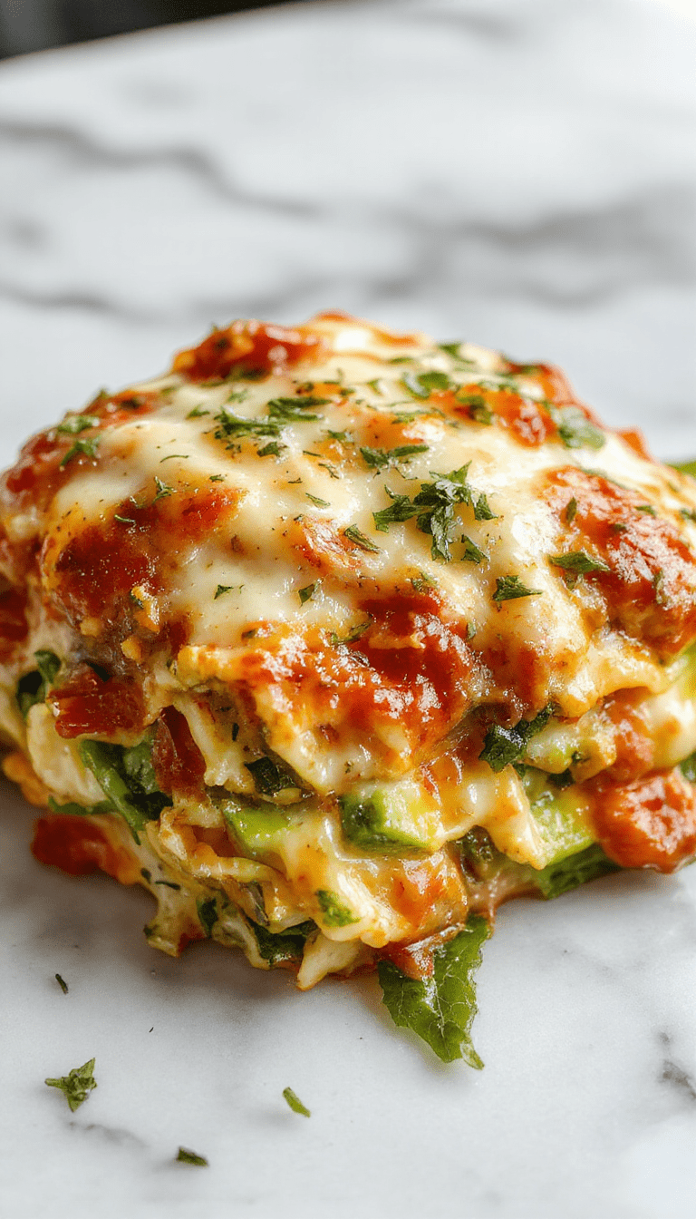 A vibrant white lasagna dish with layers of colorful vegetables like spinach, cherry tomatoes, zucchini, and mushrooms, topped with melted golden cheese, served on a white plate with fresh herbs and a rustic wooden background.