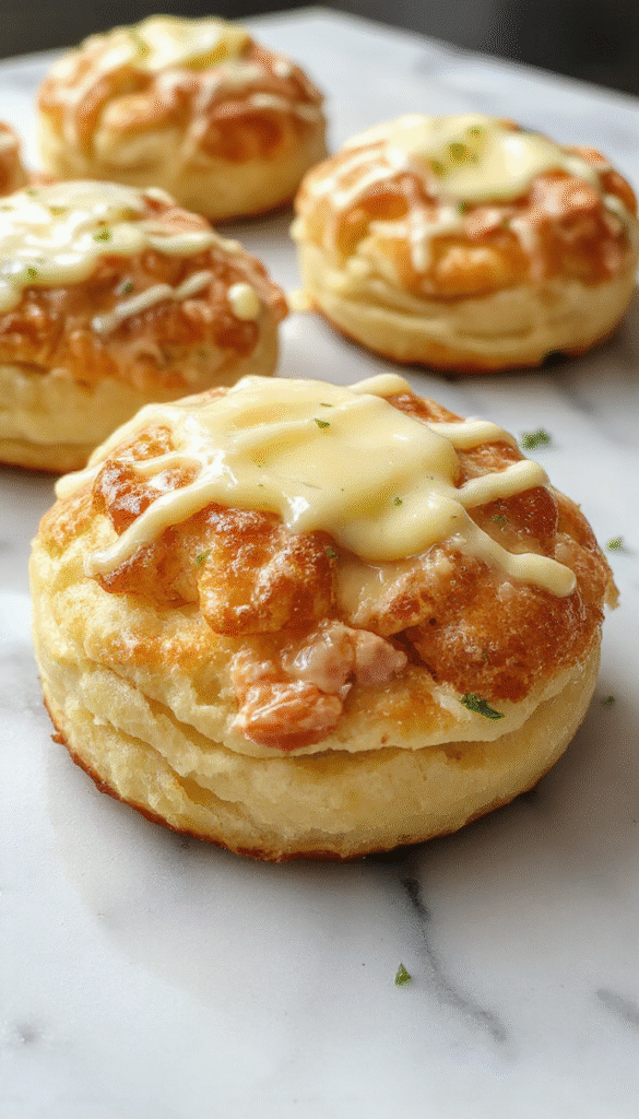 A golden cheddar bay biscuit filled with fluffy crab meat, topped with a drizzle of glossy lemon butter sauce, garnished with fresh herbs on a rustic wooden board