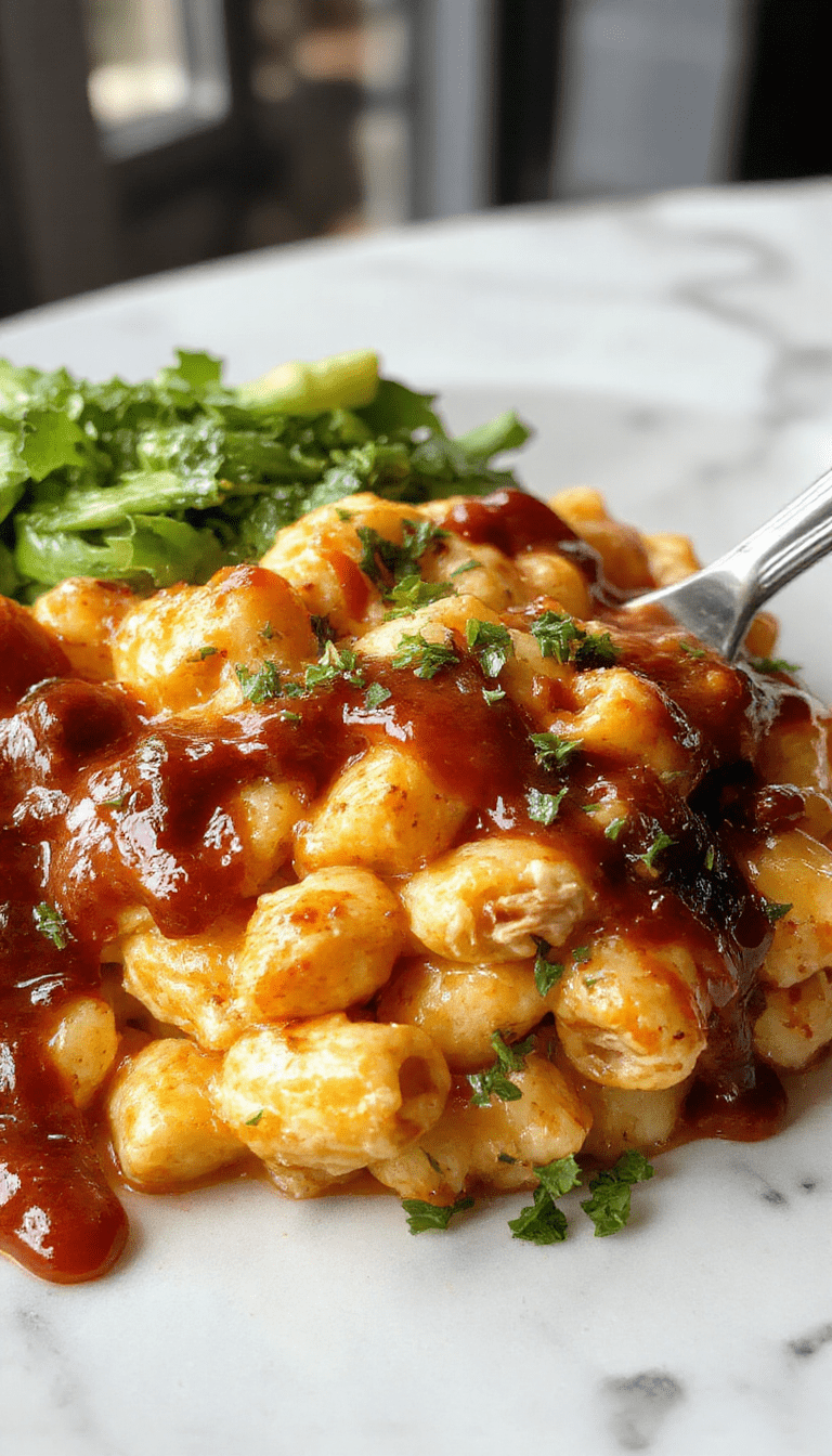 A vibrant close-up of a creamy bowl of BBQ chicken mac and cheese, topped with melted cheese, sliced green herbs, and crispy chicken pieces, garnished with fresh parsley on a rustic wooden table.