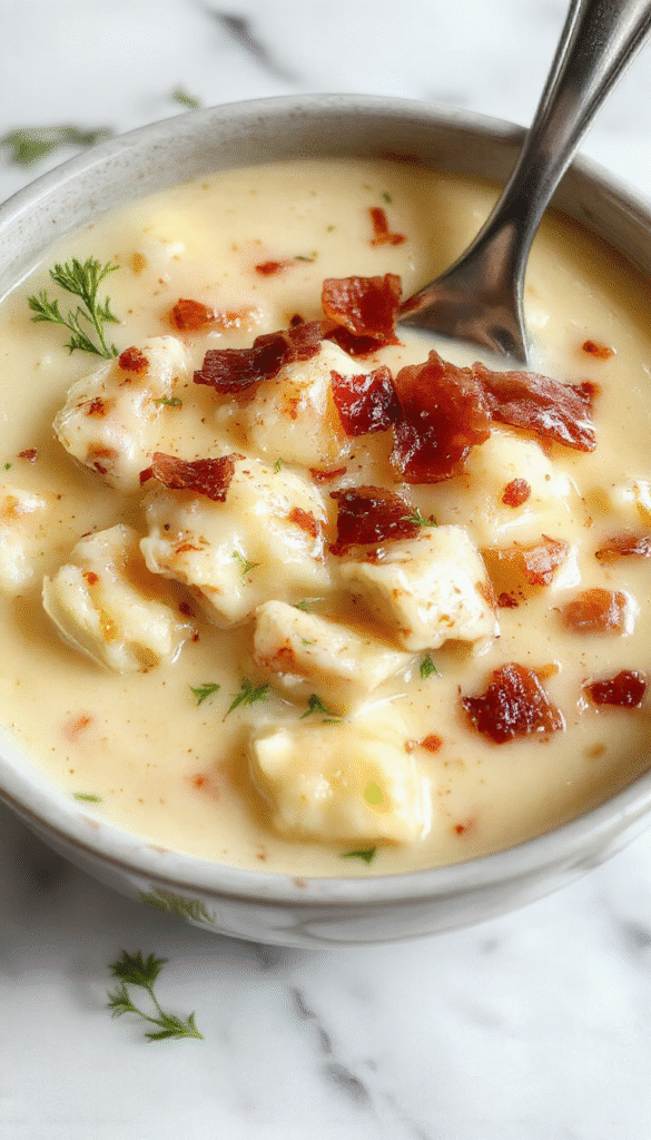 A warm bowl of creamy bacon cheddar gnocchi soup garnished with crispy bacon bits, melted cheddar cheese, and chopped green onions. The soup has a velvety texture, with golden-brown crispy bacon on top, served in a rustic bowl on a cozy wooden table with a spoon beside it, evoking comfort and indulgence.