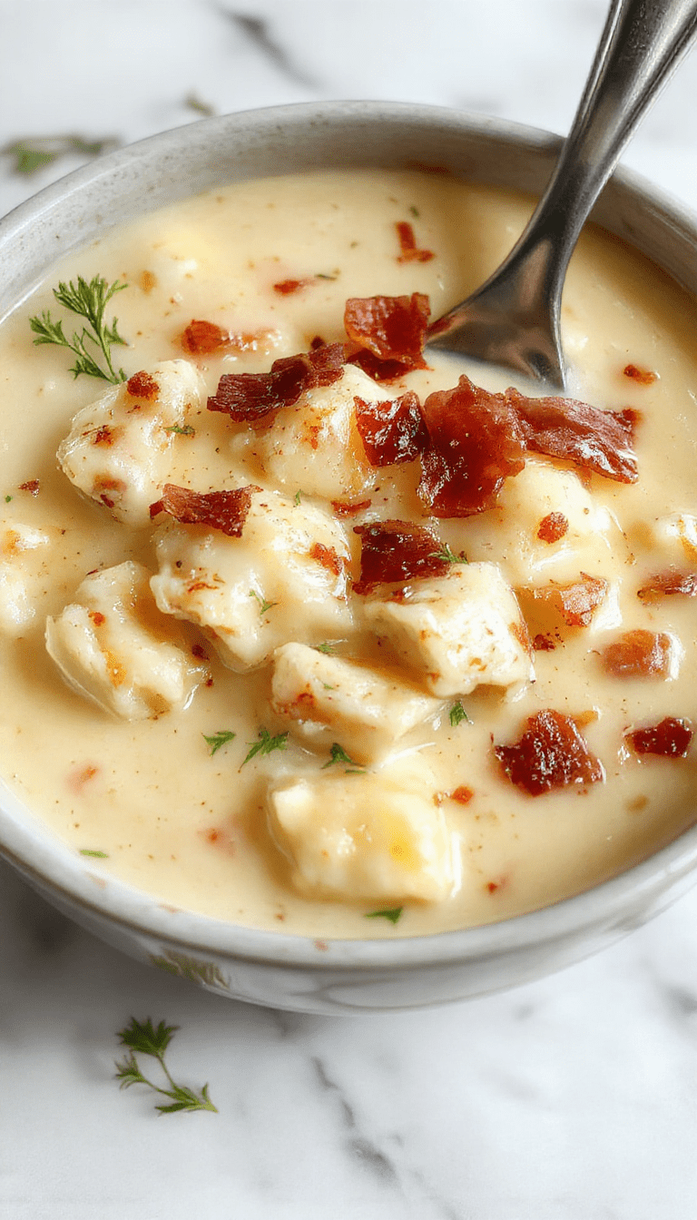 A warm bowl of creamy bacon cheddar gnocchi soup garnished with crispy bacon bits, melted cheddar cheese, and chopped green onions. The soup has a velvety texture, with golden-brown crispy bacon on top, served in a rustic bowl on a cozy wooden table with a spoon beside it, evoking comfort and indulgence.