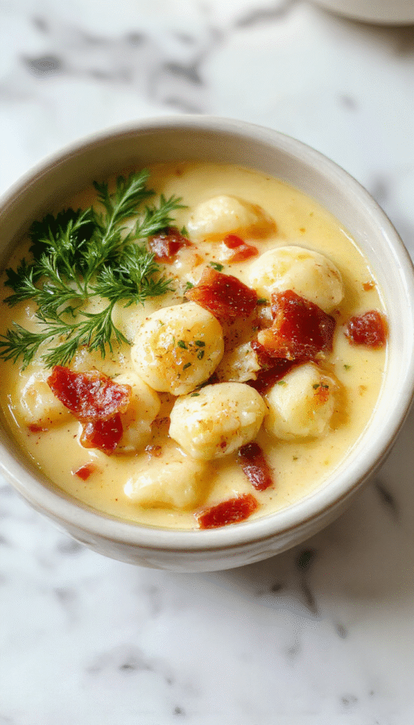 A bowl of creamy bacon cheddar gnocchi soup garnished with crispy bacon bits and shredded cheddar cheese, served with fresh herbs. The soup has a thick, velvety texture with golden-brown gnocchi floating on top, surrounded by a rustic wooden table and a spoon ready for serving. The vibrant colors of cheese, bacon, and fresh herbs contrast beautifully with the creamy white base.
