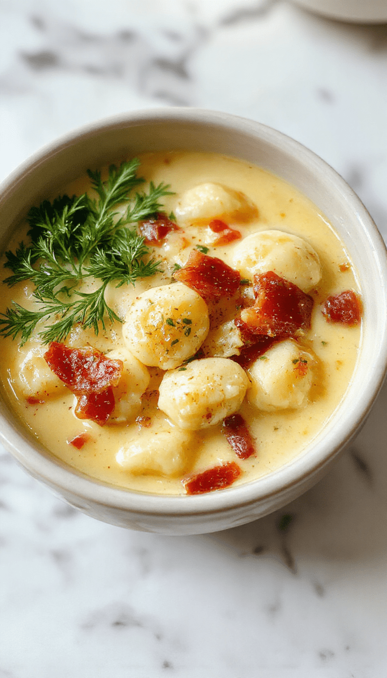 A bowl of creamy bacon cheddar gnocchi soup garnished with crispy bacon bits and shredded cheddar cheese, served with fresh herbs. The soup has a thick, velvety texture with golden-brown gnocchi floating on top, surrounded by a rustic wooden table and a spoon ready for serving. The vibrant colors of cheese, bacon, and fresh herbs contrast beautifully with the creamy white base.