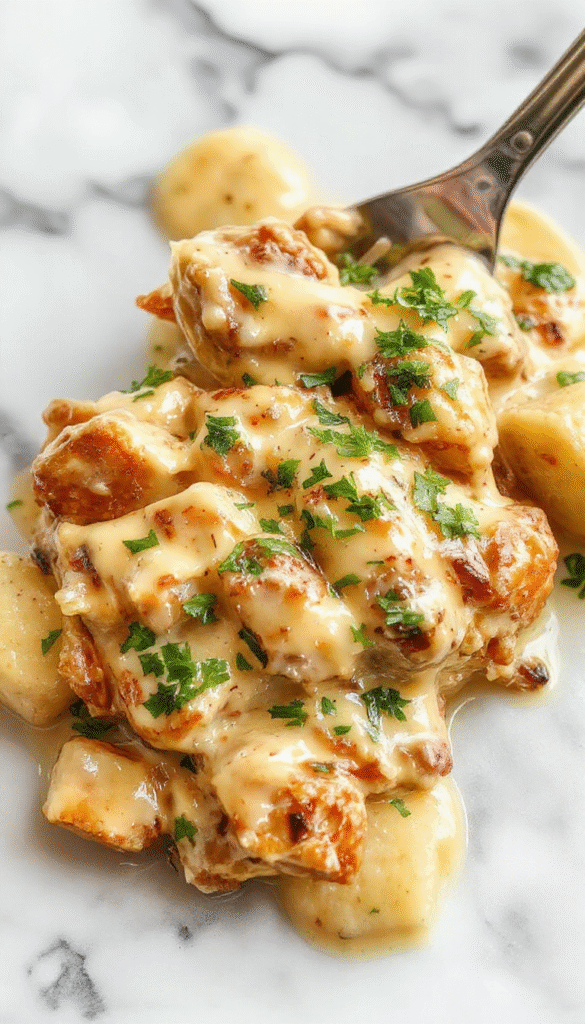A close-up of a steaming plate of creamy baked chicken stroganoff with tender chicken pieces, mushroom slices, and a rich sauce served over pasta, garnished with fresh parsley, on a rustic wooden table with a fork and napkin nearby, vibrant colors highlighting the savory dish's textures.