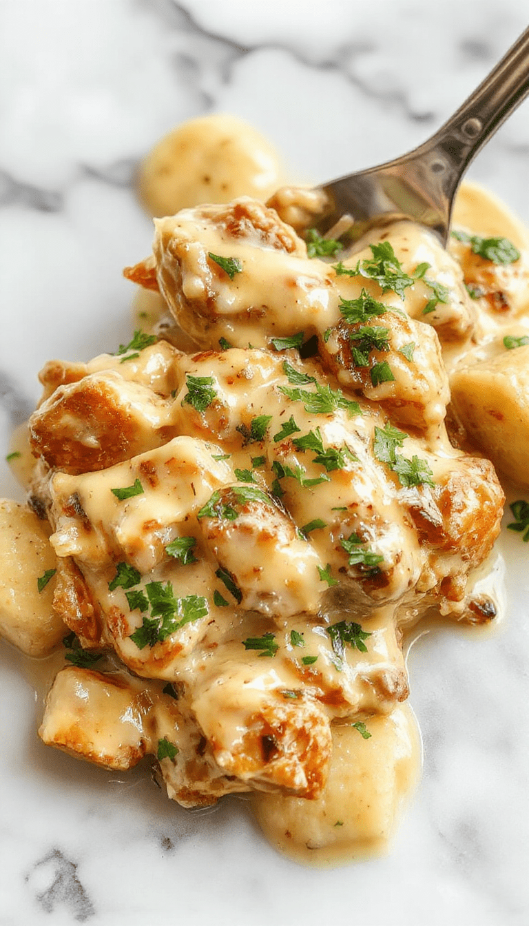 A close-up of a steaming plate of creamy baked chicken stroganoff with tender chicken pieces, mushroom slices, and a rich sauce served over pasta, garnished with fresh parsley, on a rustic wooden table with a fork and napkin nearby, vibrant colors highlighting the savory dish's textures.