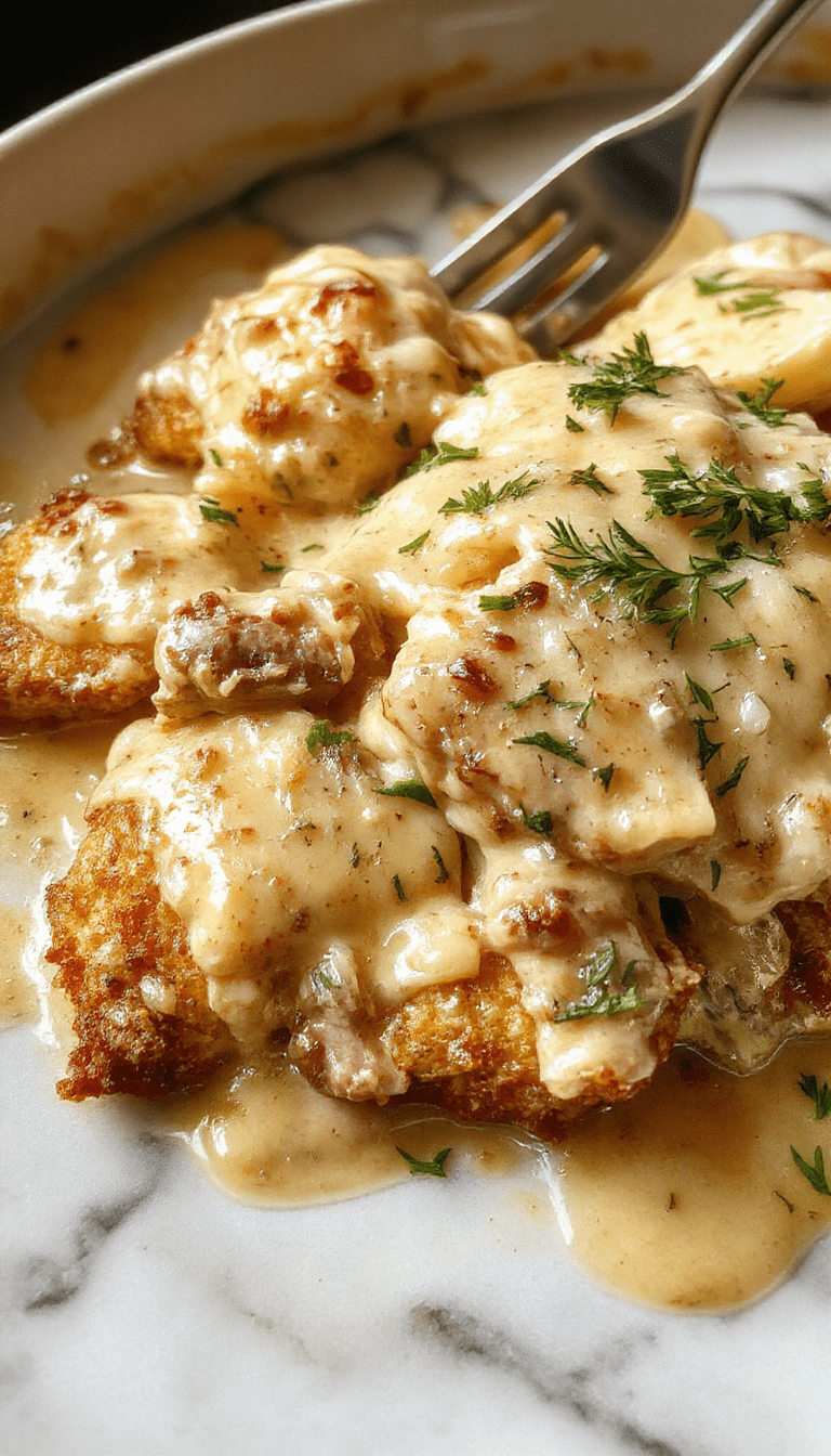 A close-up of a served plate of baked chicken stroganoff featuring tender chicken pieces in a rich, creamy mushroom sauce, garnished with fresh herbs, served over egg noodles on a rustic wooden table with a spoon and a sprig of parsley.