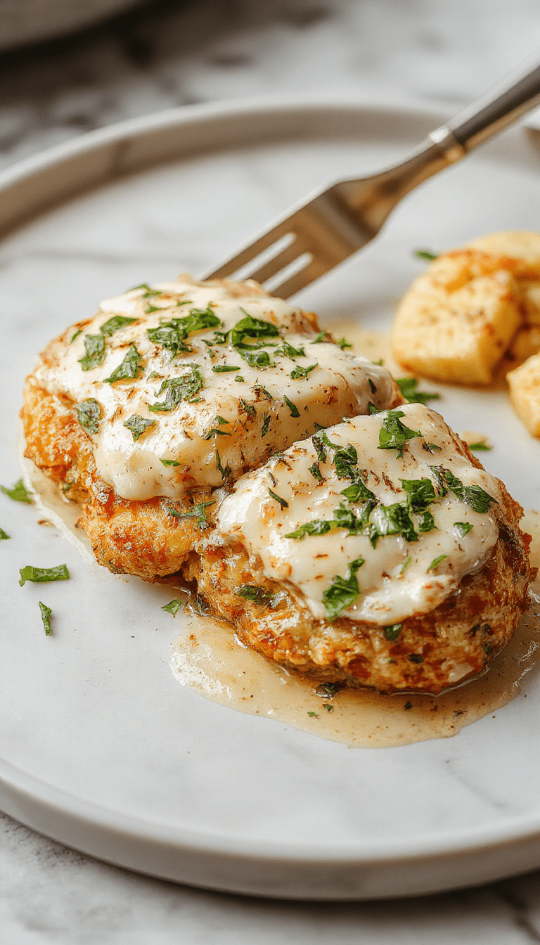 A vibrant plate featuring golden-brown mozzarella chicken topped with melted mozzarella, fresh basil leaves, and a creamy basil sauce. The dish is served on a white plate with a sprig of basil garnish, accompanied by a side of colorful roasted vegetables and a drizzle of sauce, highlighting the textures of crispy chicken and smooth sauce with fresh herbs.