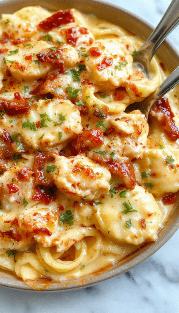 A vibrant plate of creamy cajun chicken pasta featuring golden grilled chicken slices atop a bed of spiral pasta coated in a rich, spicy creamy sauce. The dish is garnished with chopped green herbs and red pepper flakes, served on a white ceramic plate with a rustic wooden background, highlighting the textures and bold colors of the dish.
