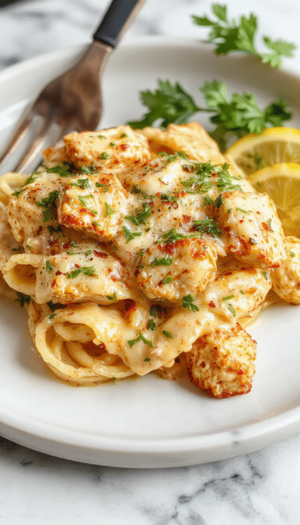 A vibrant plate of creamy Cajun chicken pasta featuring golden-brown chicken slices coated in a rich, spicy sauce with visible herbs and spices, served over lush, al dente pasta. The dish is garnished with chopped green herbs and red pepper flakes, presented on a rustic white plate with a wooden background, creating an inviting and flavorful visual appeal.