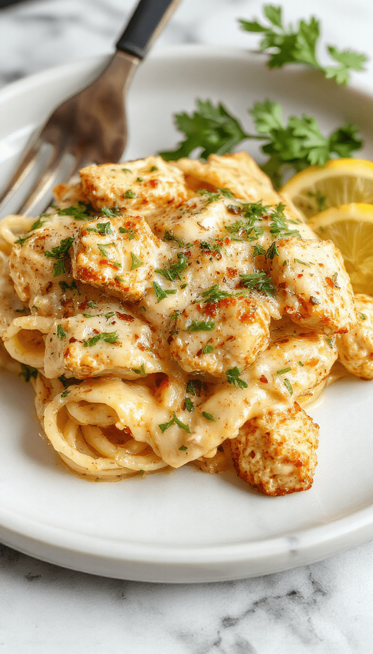 A vibrant plate of creamy Cajun chicken pasta featuring golden-brown chicken slices coated in a rich, spicy sauce with visible herbs and spices, served over lush, al dente pasta. The dish is garnished with chopped green herbs and red pepper flakes, presented on a rustic white plate with a wooden background, creating an inviting and flavorful visual appeal.