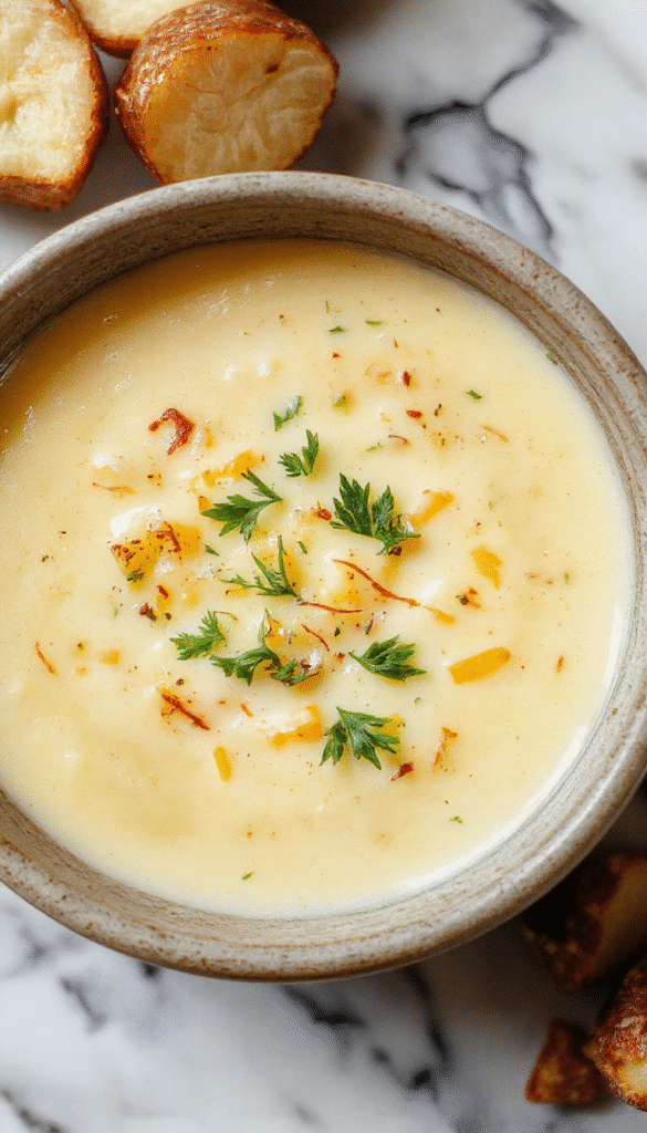 A warm bowl of creamy potato soup topped with melted cheddar cheese, chopped fresh herbs, and crispy garlic croutons, served in a rustic white bowl on a wooden table with a sprinkle of herbs for garnish.
