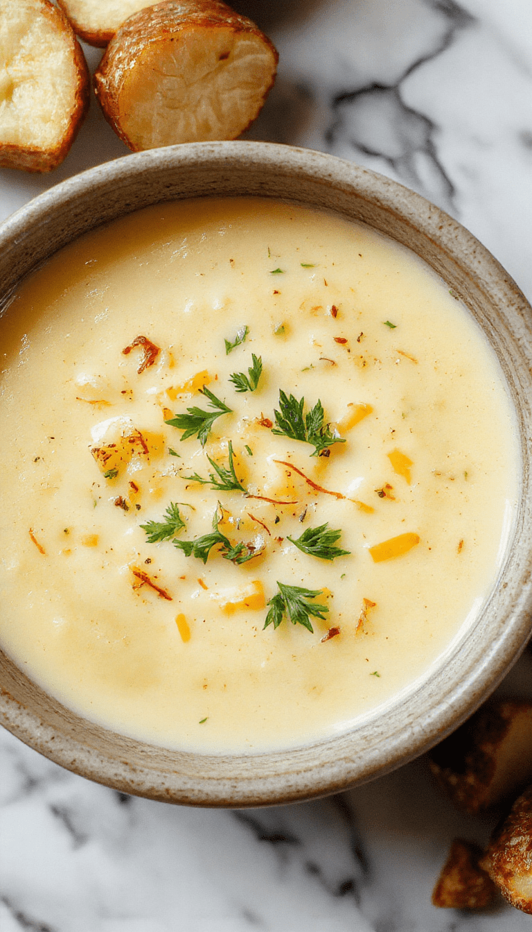 A warm bowl of creamy potato soup topped with melted cheddar cheese, chopped fresh herbs, and crispy garlic croutons, served in a rustic white bowl on a wooden table with a sprinkle of herbs for garnish.