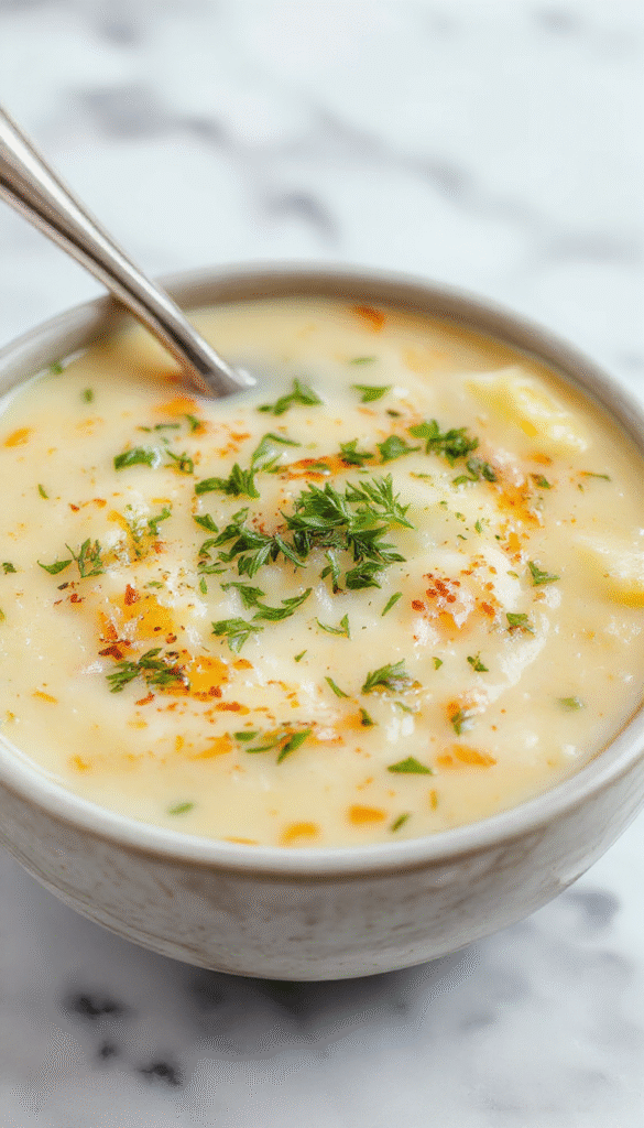 A rustic white bowl filled with velvety potato soup topped with melted cheddar cheese, fresh chopped herbs, and a dollop of sour cream, served on a wooden table with garlic bread and a sprig of thyme in the background, showcasing textures of smooth soup and crispy bread, with vibrant green herbs adding color.