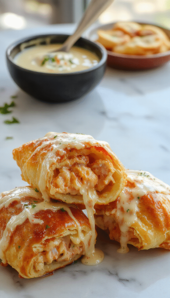 A close-up image of warm, golden-brown crescent rolls filled with melted cheese and shredded chicken, neatly arranged on a white platter with a sprinkle of herbs on top, with a rustic wooden table and fresh vegetables in the background, showcasing the crispy textures and gooey cheesy insides.