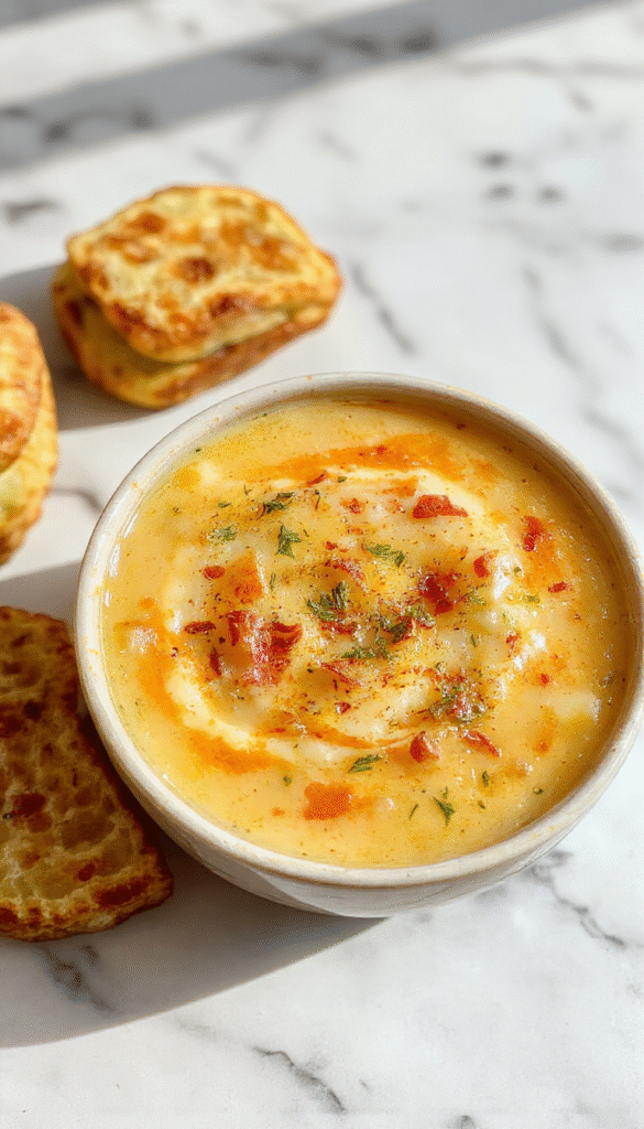 A bowl of creamy, cheesy crack potato soup topped with crispy bacon bits, melted cheese, and chopped green onions, served in a rustic bowl on a wooden table with a spoon, vibrant yellow and golden hues from the melted cheese and crispy bacon, garnished with fresh herbs, styled for a cozy and inviting presentation.