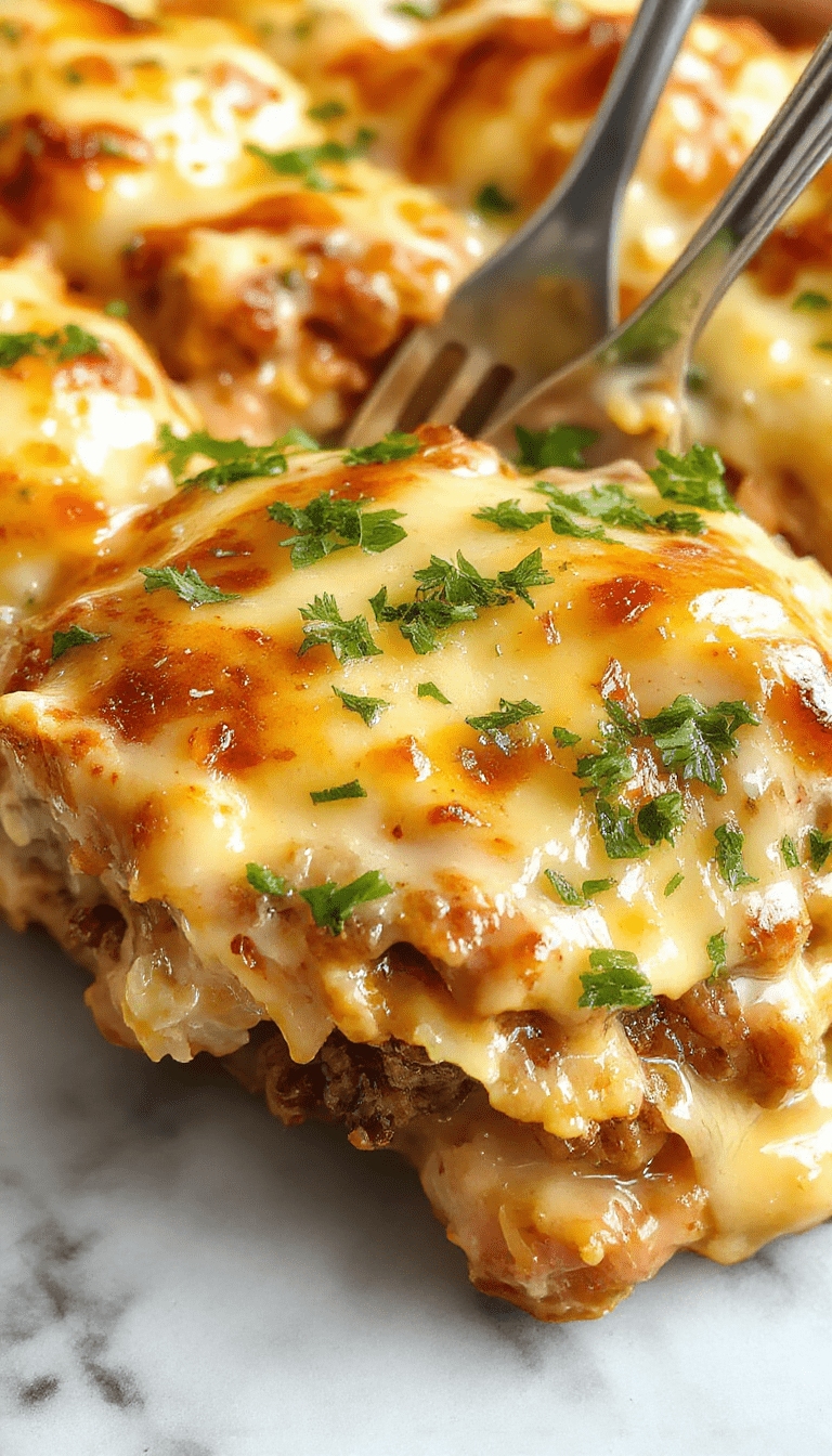 A vibrant dish featuring a golden-brown cheesy hamburger rice casserole served on a white plate. The casserole is topped with melted cheese, chopped green onions, and bits of seasoned ground beef and fluffy rice. The background shows a rustic wooden table with a sprig of herbs, emphasizing a homely and inviting meal scene with rich textures and appetizing colors.