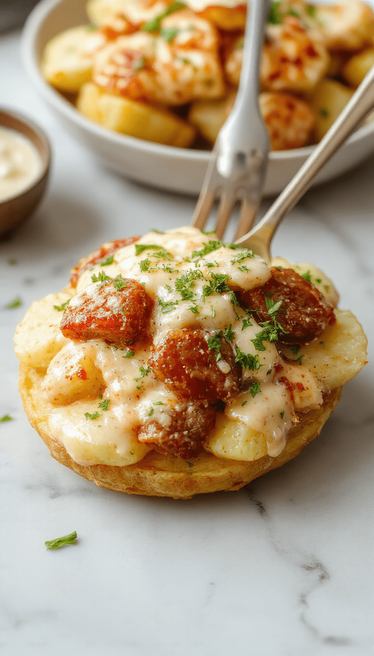 A vibrant plate of creamy cheesy ranch potatoes topped with crispy smoked sausage slices, garnished with fresh herbs. The dish shows a golden-brown crust on the potatoes, contrasted with the creamy white cheese sauce. The smoked sausage has a smoky, charred exterior, and the dish is styled on a rustic wooden table with a sprig of herbs for garnish.