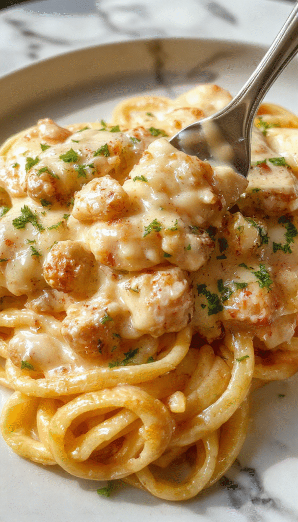 A bowl of creamy chicken Alfredo pasta with fettuccine coated in rich white sauce, garnished with chopped parsley, served alongside grilled chicken pieces, with a golden-brown crust on the chicken, vibrant green herbs adding freshness, styled on a rustic wooden table with a sprinkle of grated Parmesan cheese.
