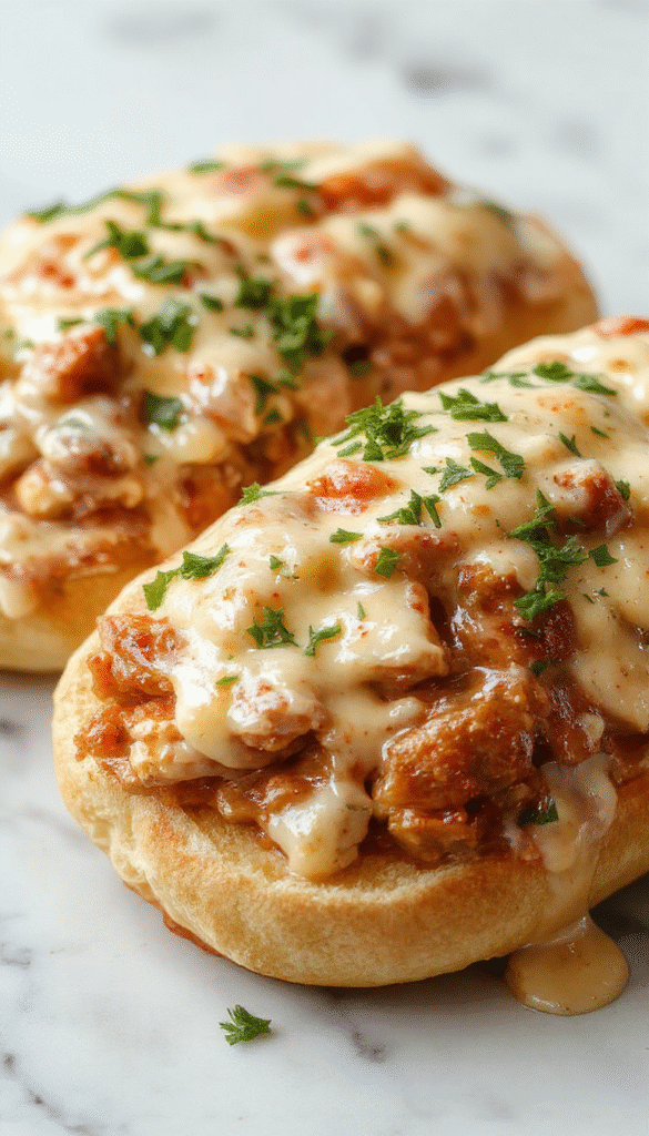 A vibrant plate featuring a creamy Chicken Alfredo Sloppy Joes sandwich with golden-brown toasted bun, tender shredded chicken coated in rich Alfredo sauce, topped with fresh parsley, served with a side of crispy fries on a rustic wooden platter, captured in warm natural lighting highlighting the creamy texture and colorful garnishes.