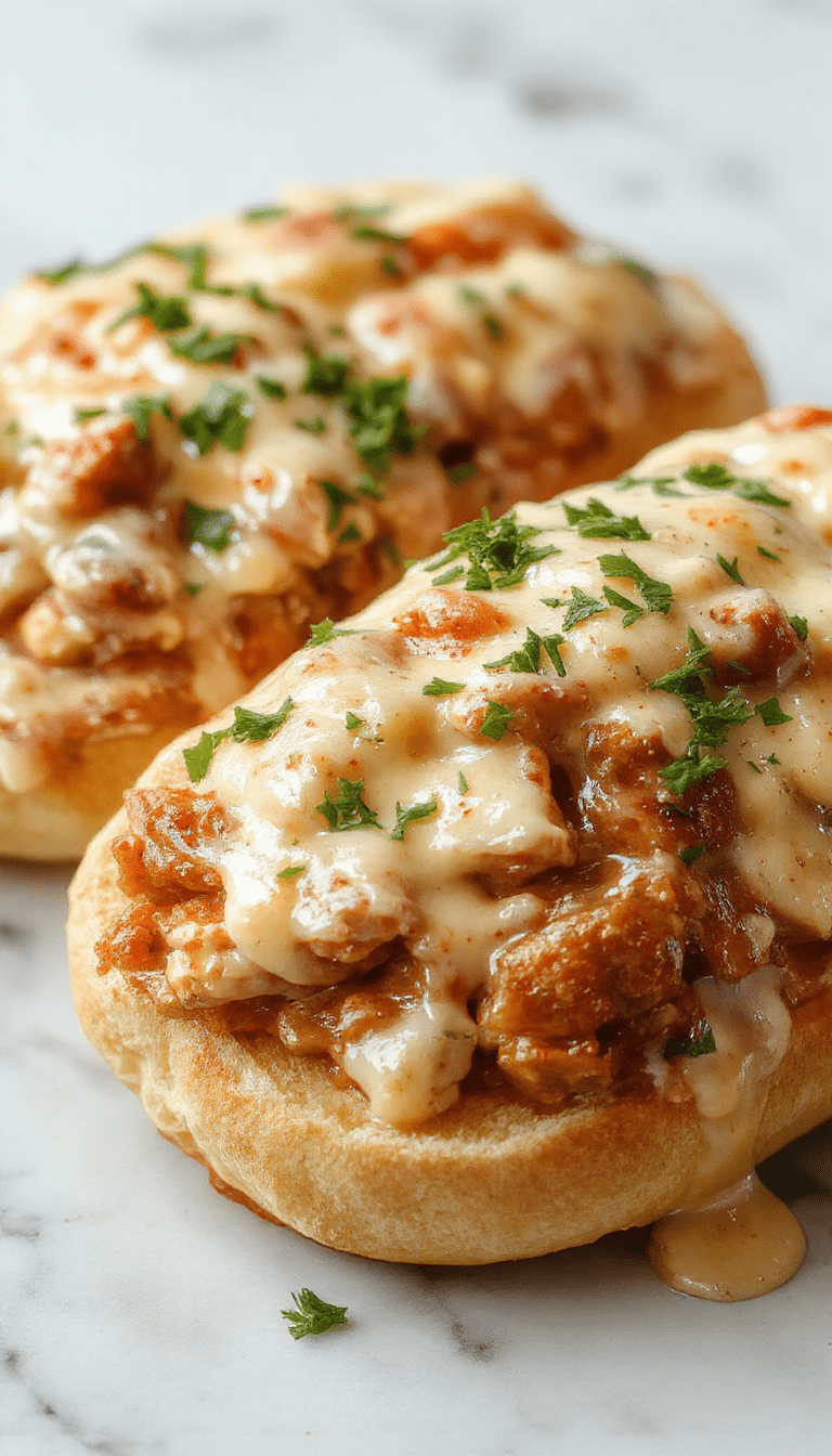 A vibrant plate featuring a creamy Chicken Alfredo Sloppy Joes sandwich with golden-brown toasted bun, tender shredded chicken coated in rich Alfredo sauce, topped with fresh parsley, served with a side of crispy fries on a rustic wooden platter, captured in warm natural lighting highlighting the creamy texture and colorful garnishes.