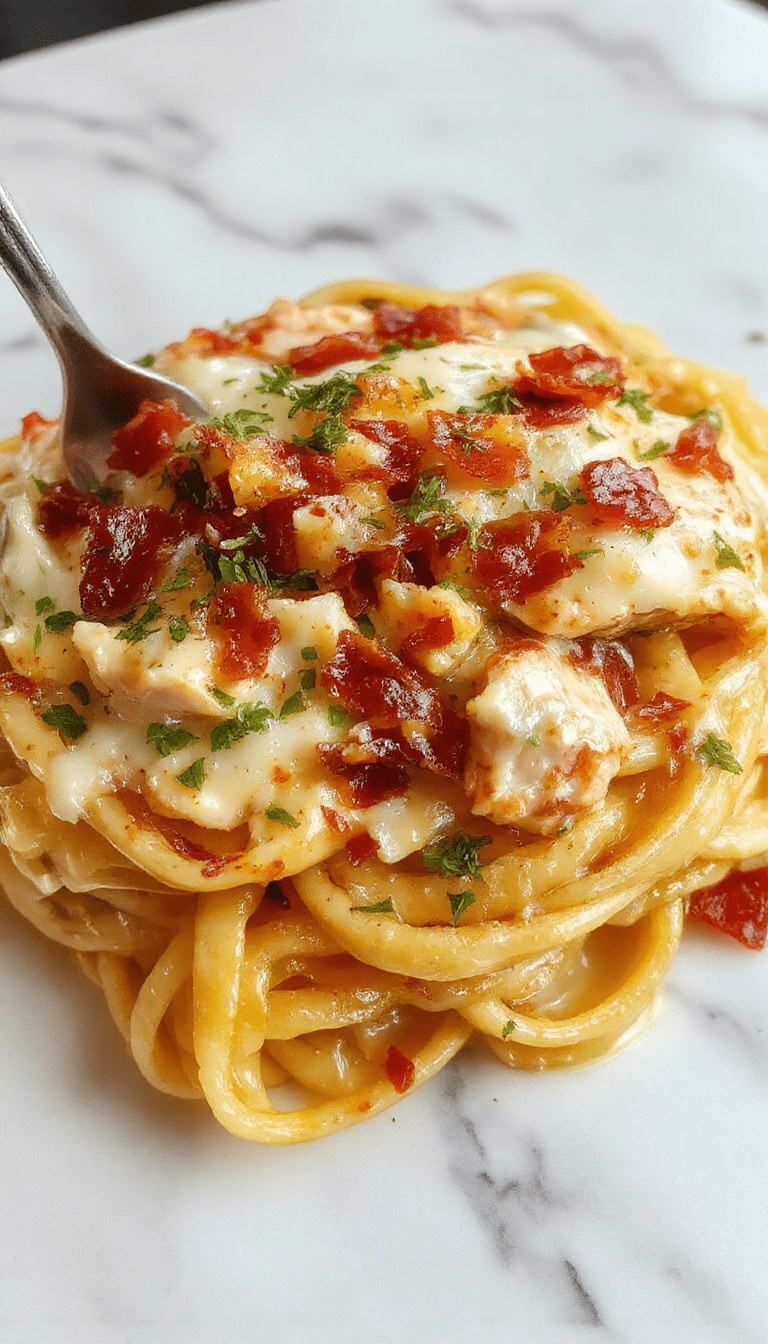 A close-up of creamy chicken bacon ranch pasta plated on a white dish, topped with crispy bacon bits and fresh chopped parsley, showcasing rich, creamy sauce, tender pasta, and colorful garnishes.