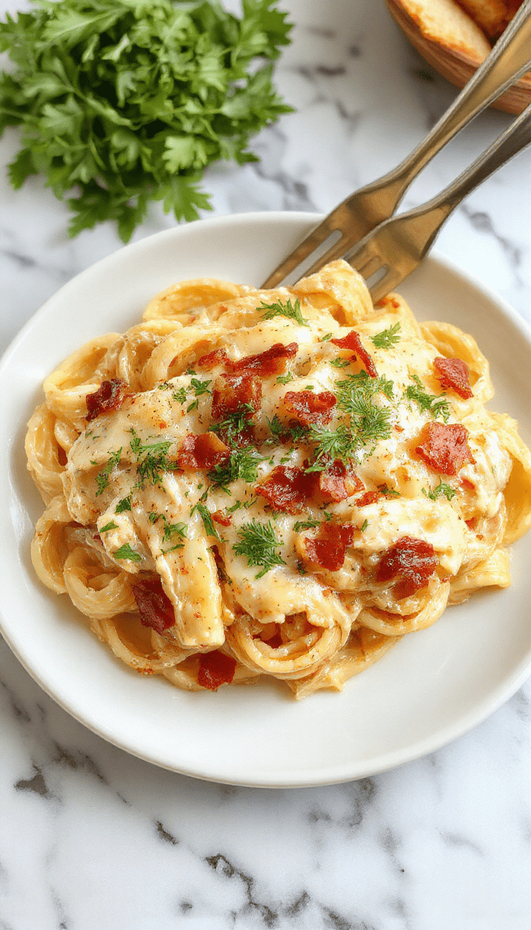 A vibrant plate of creamy chicken bacon ranch pasta featuring tender pasta coated in a rich white sauce, topped with crispy bacon bits and garnished with chopped green herbs. The dish is styled on a rustic wooden table with a side of fresh salad and a glass of white wine, showcasing colorful ingredients and textures.