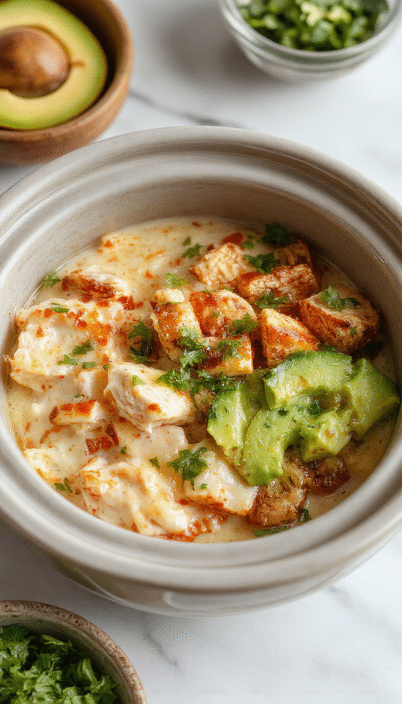 Colorful chicken burrito bowl in a white ceramic dish featuring seasoned shredded chicken, vibrant diced tomatoes, black beans, corn, shredded lettuce, with creamy sauce drizzled on top, garnished with fresh cilantro and lime wedges. The bowl is styled on a rustic wooden table with a side of tortilla chips, showcasing textures of tender chicken, crisp vegetables, and smooth sauces.