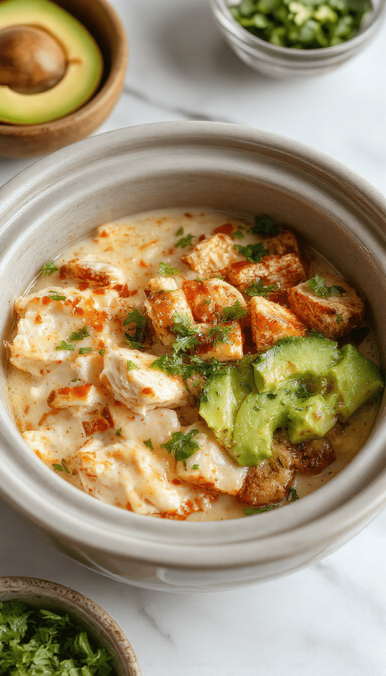 Colorful chicken burrito bowl in a white ceramic dish featuring seasoned shredded chicken, vibrant diced tomatoes, black beans, corn, shredded lettuce, with creamy sauce drizzled on top, garnished with fresh cilantro and lime wedges. The bowl is styled on a rustic wooden table with a side of tortilla chips, showcasing textures of tender chicken, crisp vegetables, and smooth sauces.
