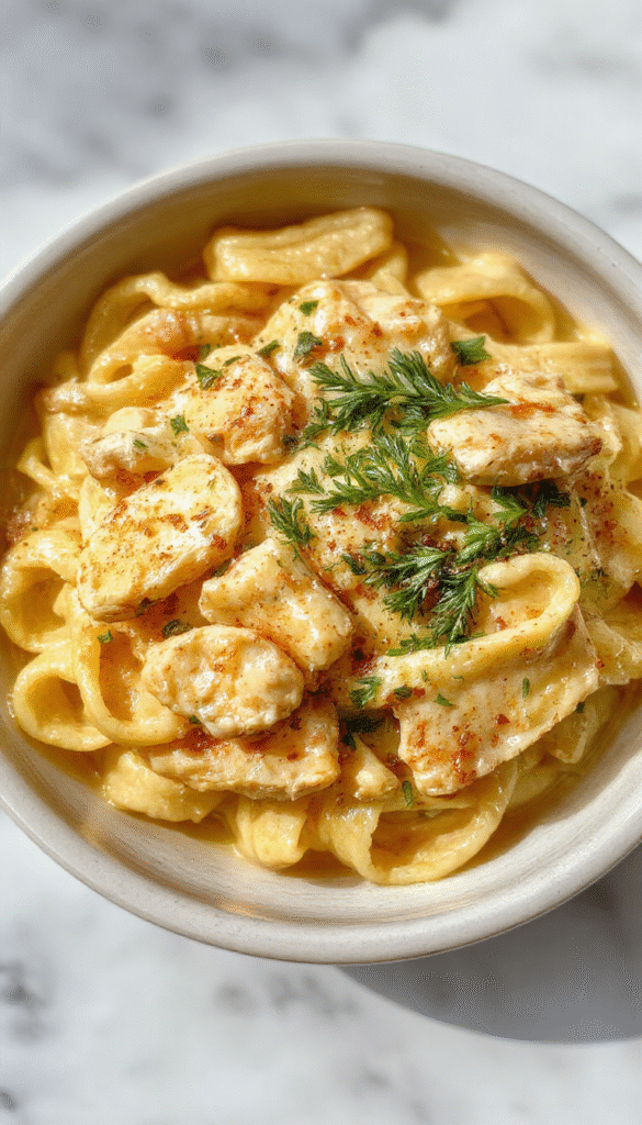 A vibrant plate of creamy buttered noodles topped with tender chicken pieces, garnished with fresh parsley. The noodles are glossy and coated in a rich sauce, with a side of colorful vegetables and a rustic wooden table background.
