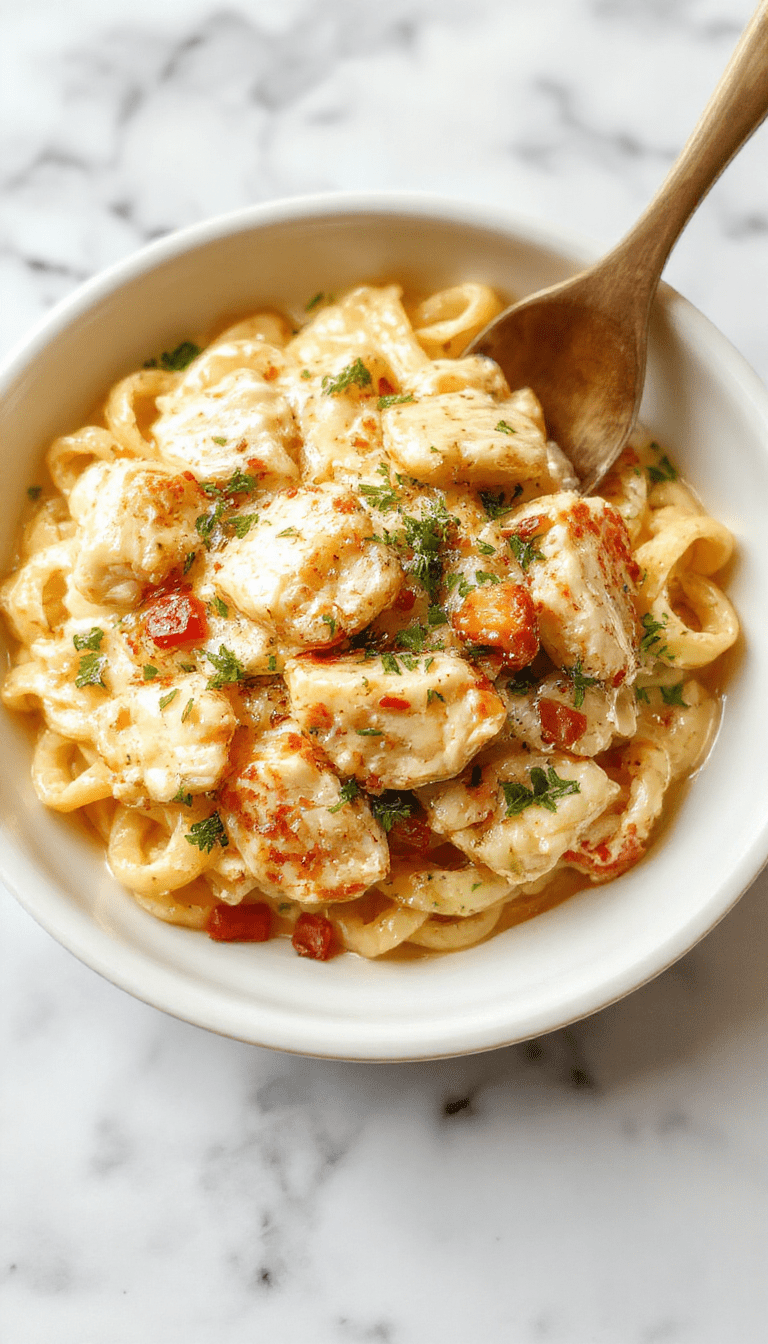 A close-up of a plate of creamy chicken buttered noodles topped with chopped parsley. The noodles are glossy, golden, and coated in a rich butter sauce, with pieces of tender chicken mixed throughout. The dish is served on a white ceramic plate with a fork resting on the side, set against a rustic wooden table with a soft-focus background that emphasizes warmth and comfort.